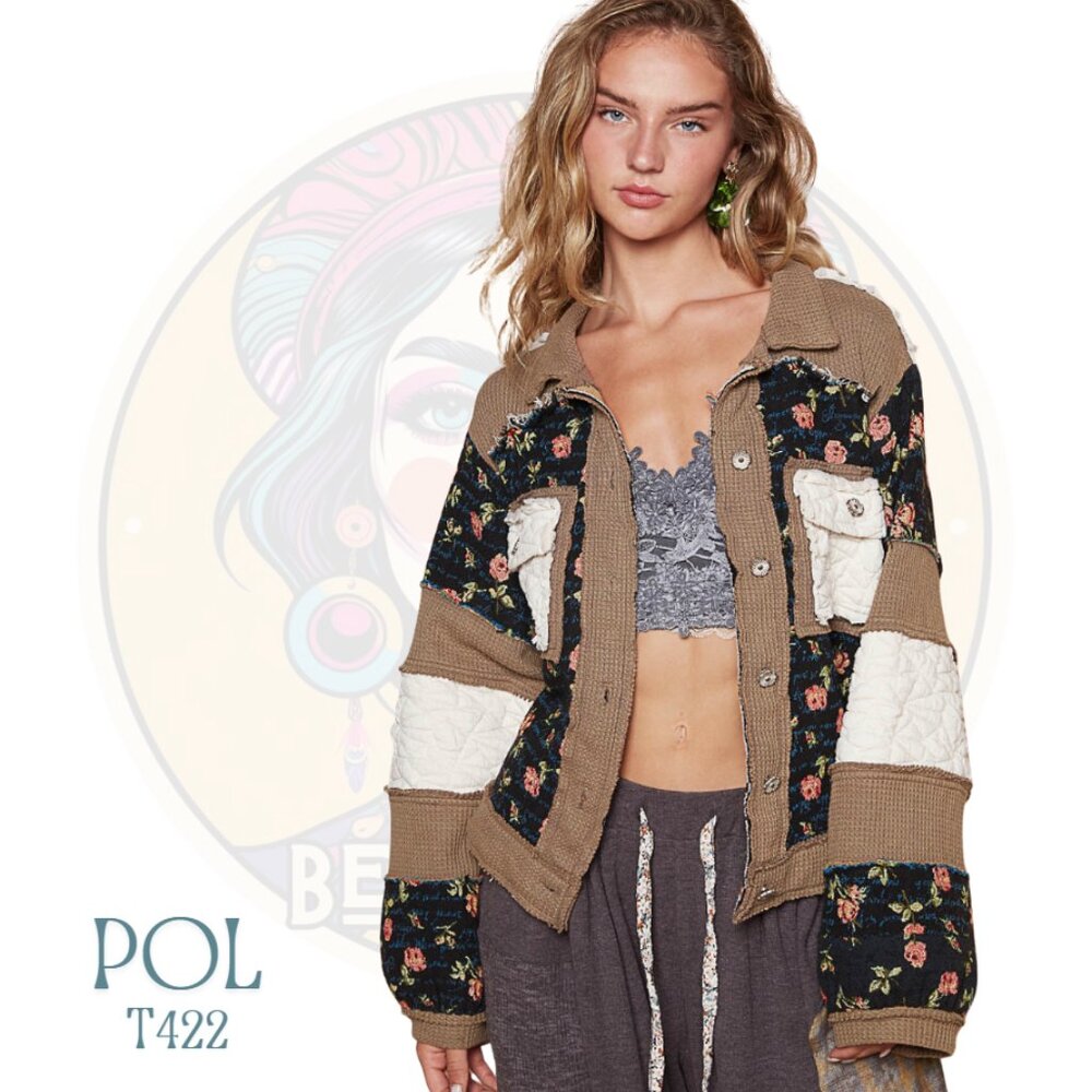 T422 POL Black Brown Jacquard Waffle Colorblock Floral Jacket